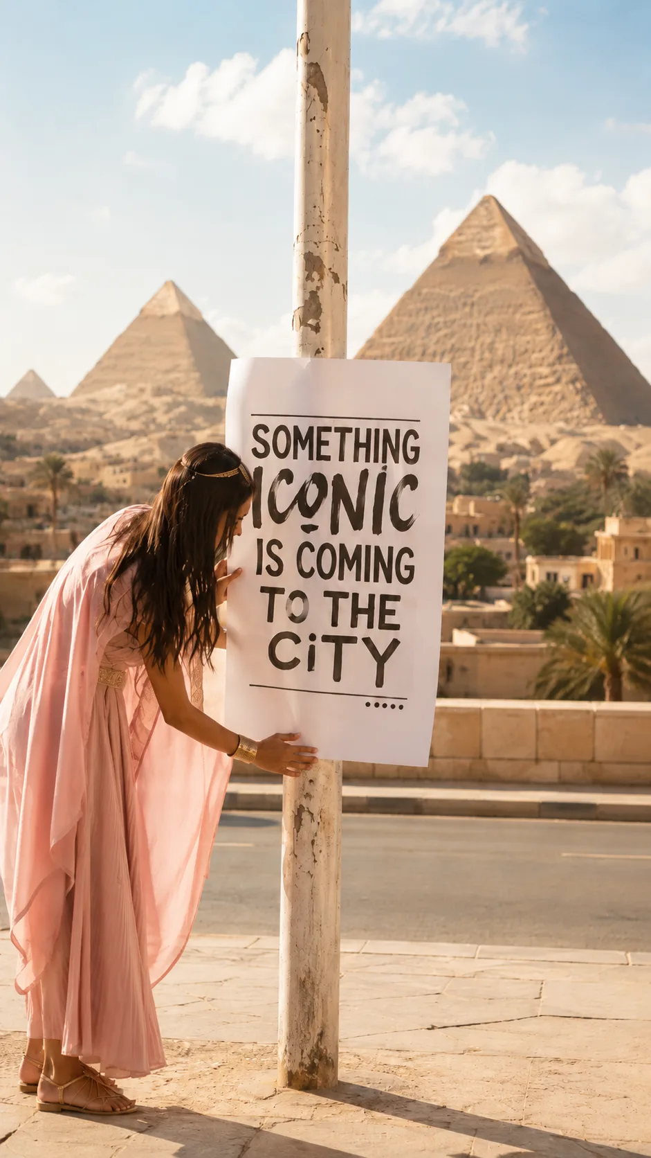 Something iconic is coming to the city — MYA CAFE poster in front of the Pyramids of Giza